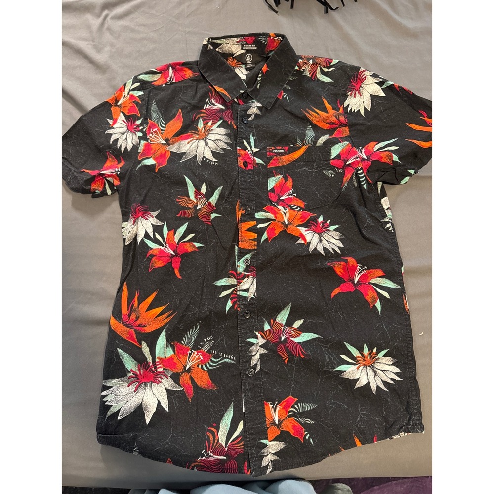 Volcom Shirt Mens Medium Modern Fit Black Floral Button-Down EUC
